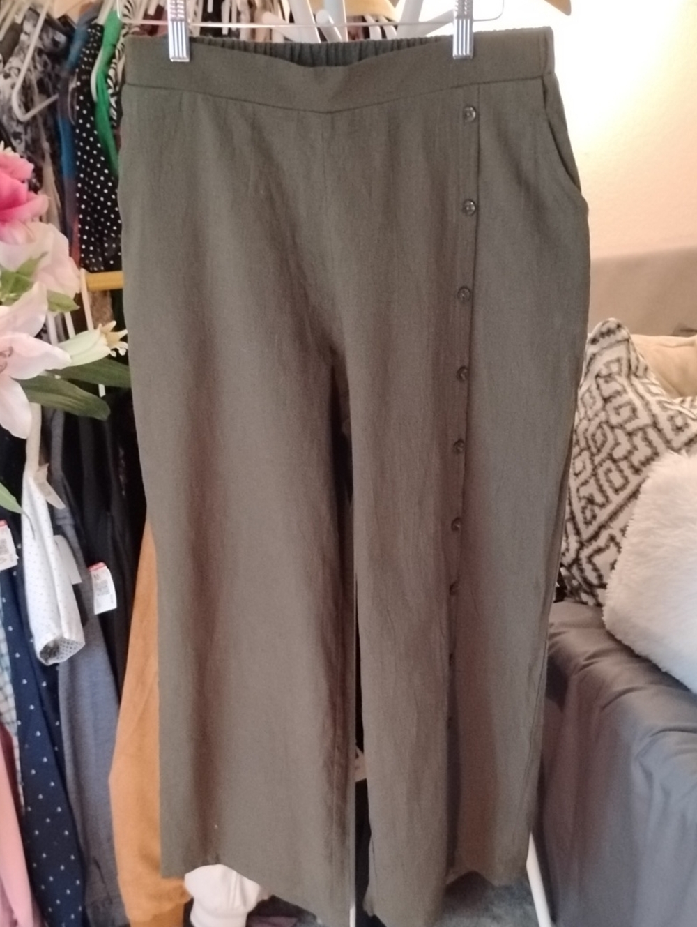 100% Cotton Linen-look Wide-Leg Boho Style Pants — Olive (XL) - Picture 3 of 10